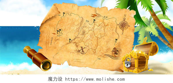 卡通地图宝藏椰树墙体彩绘背景